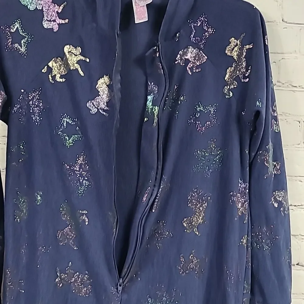 Justice Unicorn Hooded Onesie Girls 12 Navy Fleece Union Suit Footless Pajamas